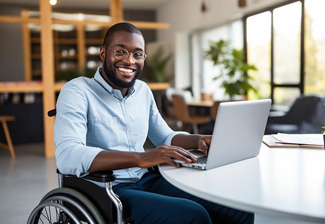 A man working while sitting in a wheelchair